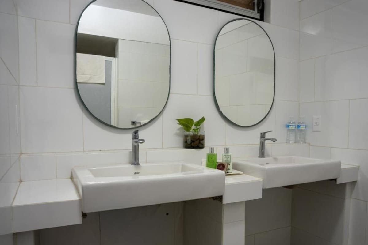 Een badkamer met twee wasbakken, elk met een spiegel erboven. Een kleine plant staat bij de linker wasbak en een fles handzeep bij de rechter.