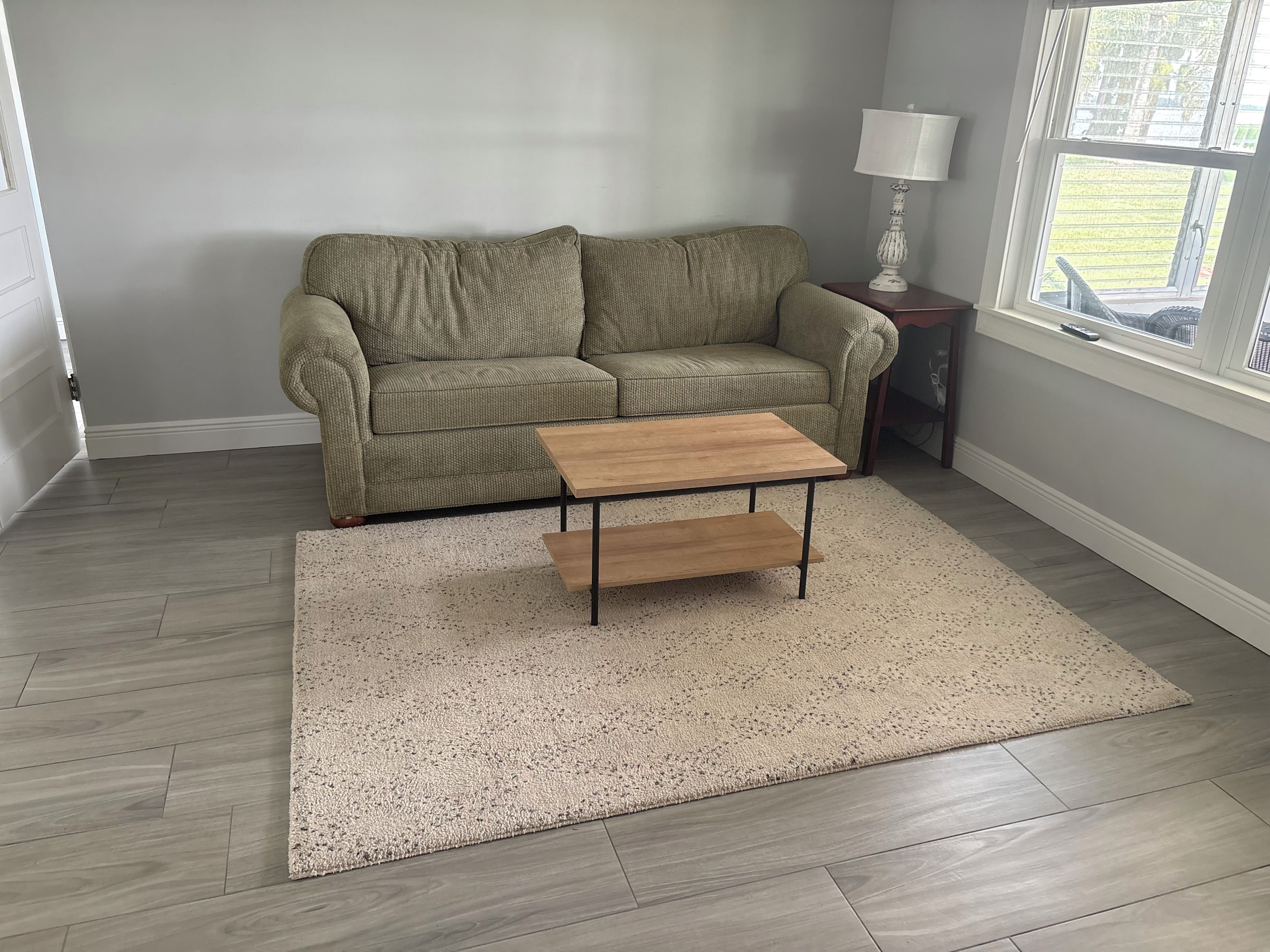 A living room with a sofa, a coffee table, a rug, and a window with a view.