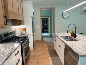 A kitchen with a gas stove, oven, and a sink with a plant on the counter.