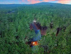 A forested area with a cabin structure surrounded by dense trees. - Sauna, Hot Tub, Fire Pit, Pets, EV Plug, Secluded (Broken Bow)