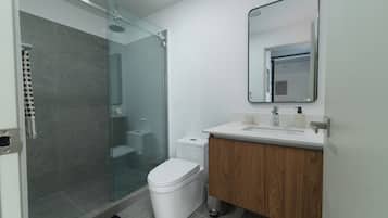 Un baño moderno con cabina de ducha de vidrio, inodoro blanco y tocador de madera con espejo.