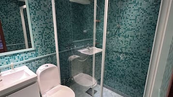 Et moderne badeværelse med et brusebadeværelse bag glas, toilet og håndvask.
