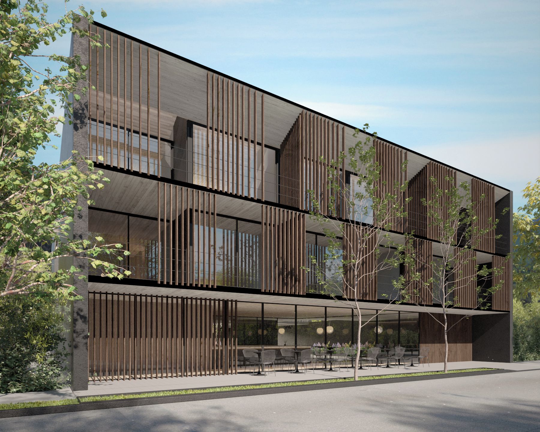 A modern building with a flat roof, large windows, and a series of vertical wooden slats.