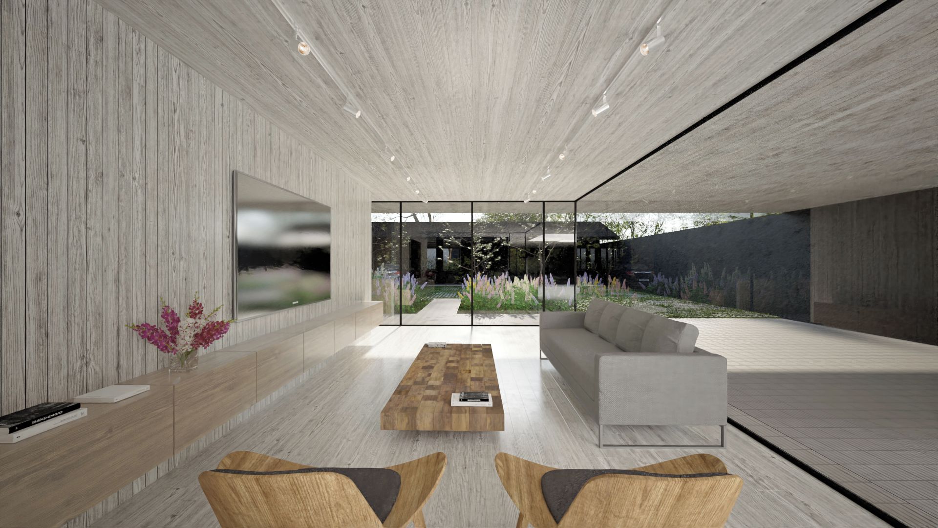 A modern interior with a wooden floor, a sofa, a coffee table, and a large window overlooking a garden.