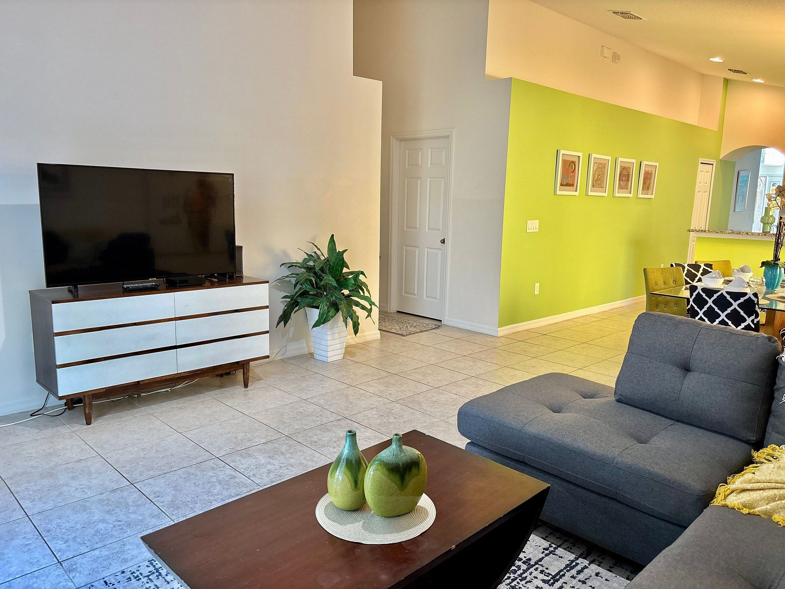Uma sala de estar com TV de tela plana, um armário branco, uma planta verde, um sofá cinza e uma mesa de centro com vasos decorativos.