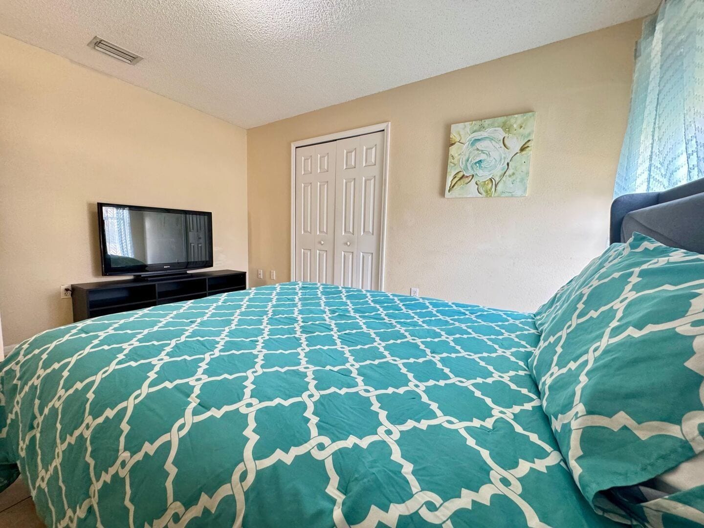 Un dormitorio con cama, televisor sobre un mueble, una puerta y un cuadro en la pared.