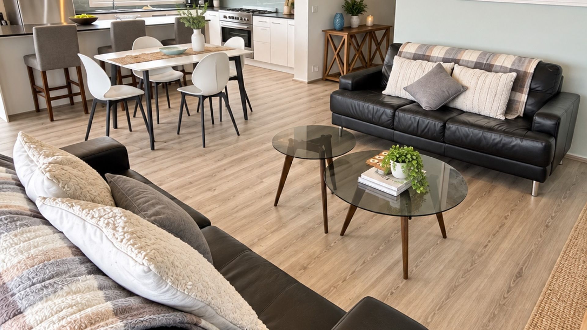 Un salon moderne avec un canapé, une table basse en verre et un coin repas comprenant des chaises et une table.