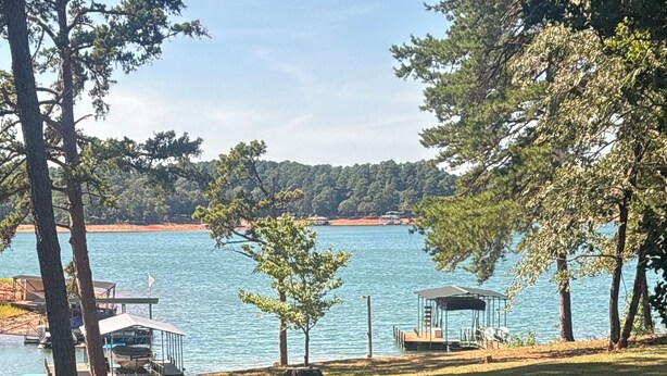 Vista sul lago con un molo, un'area salotto coperta e una zona erbosa con alberi.