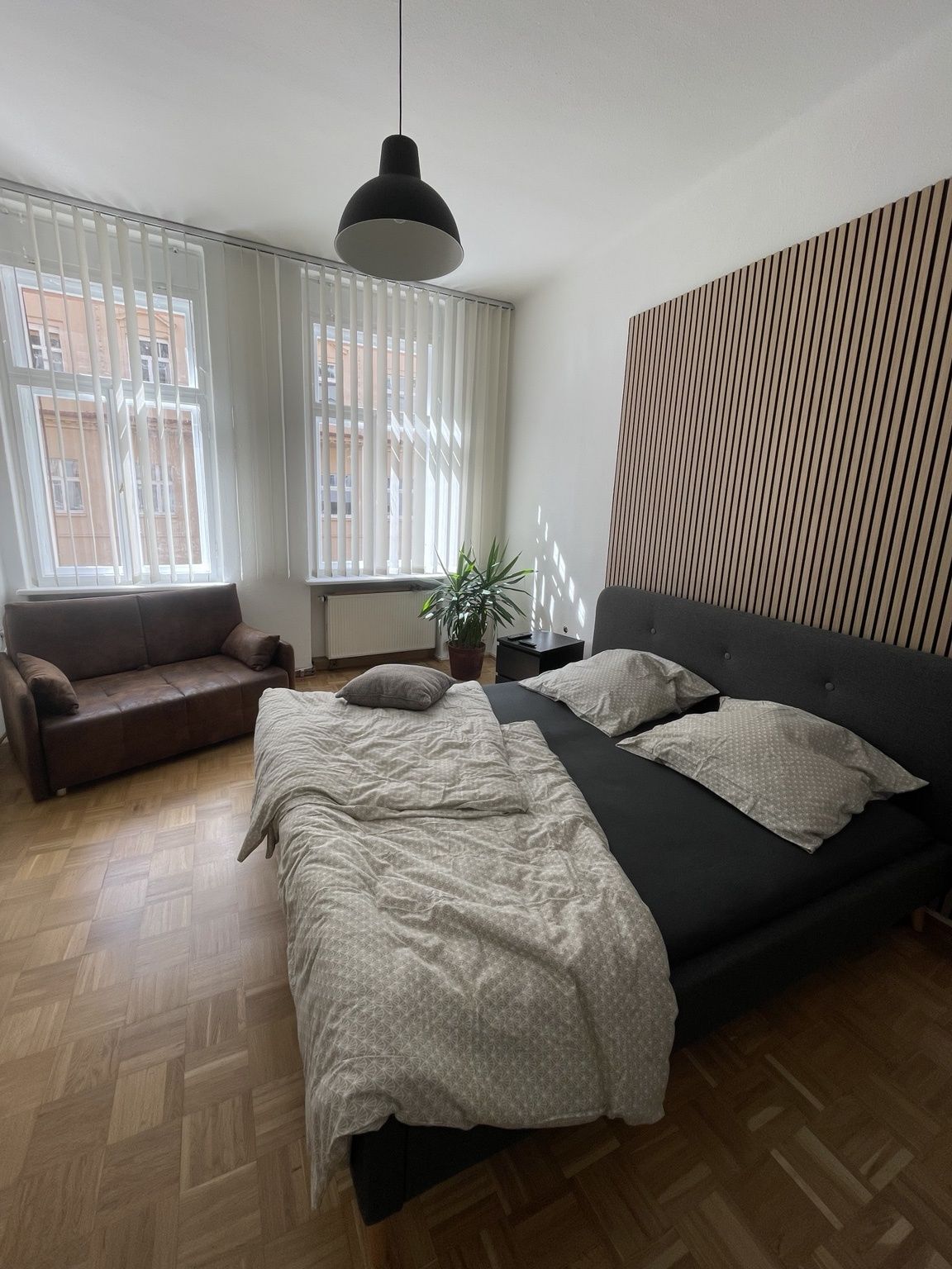 Ein modernes Schlafzimmer mit einem großen Bett, einer Couch und einer Topfpflanze.