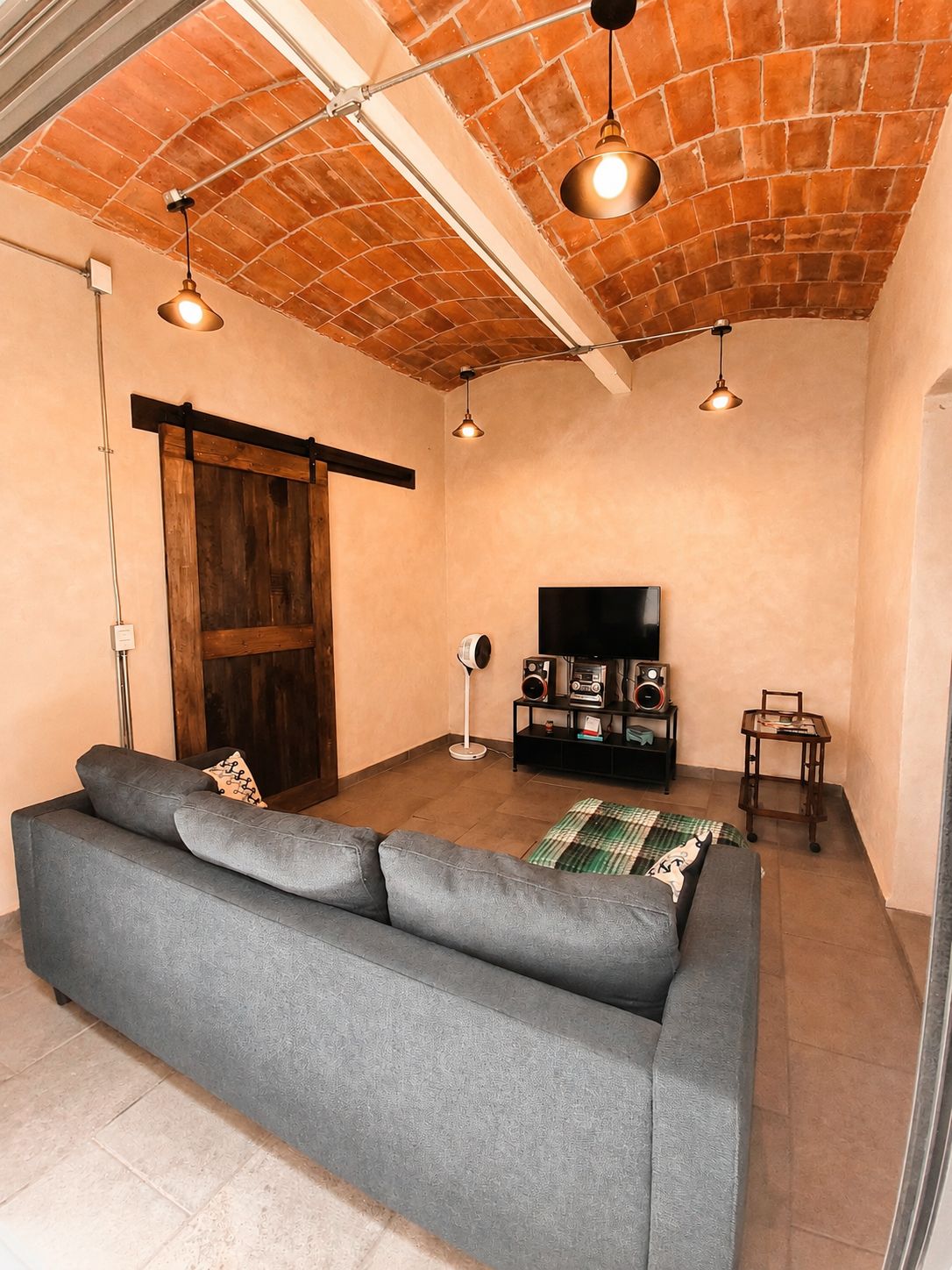 A living room with a gray sofa, a TV, a wooden door, and a brick ceiling.
