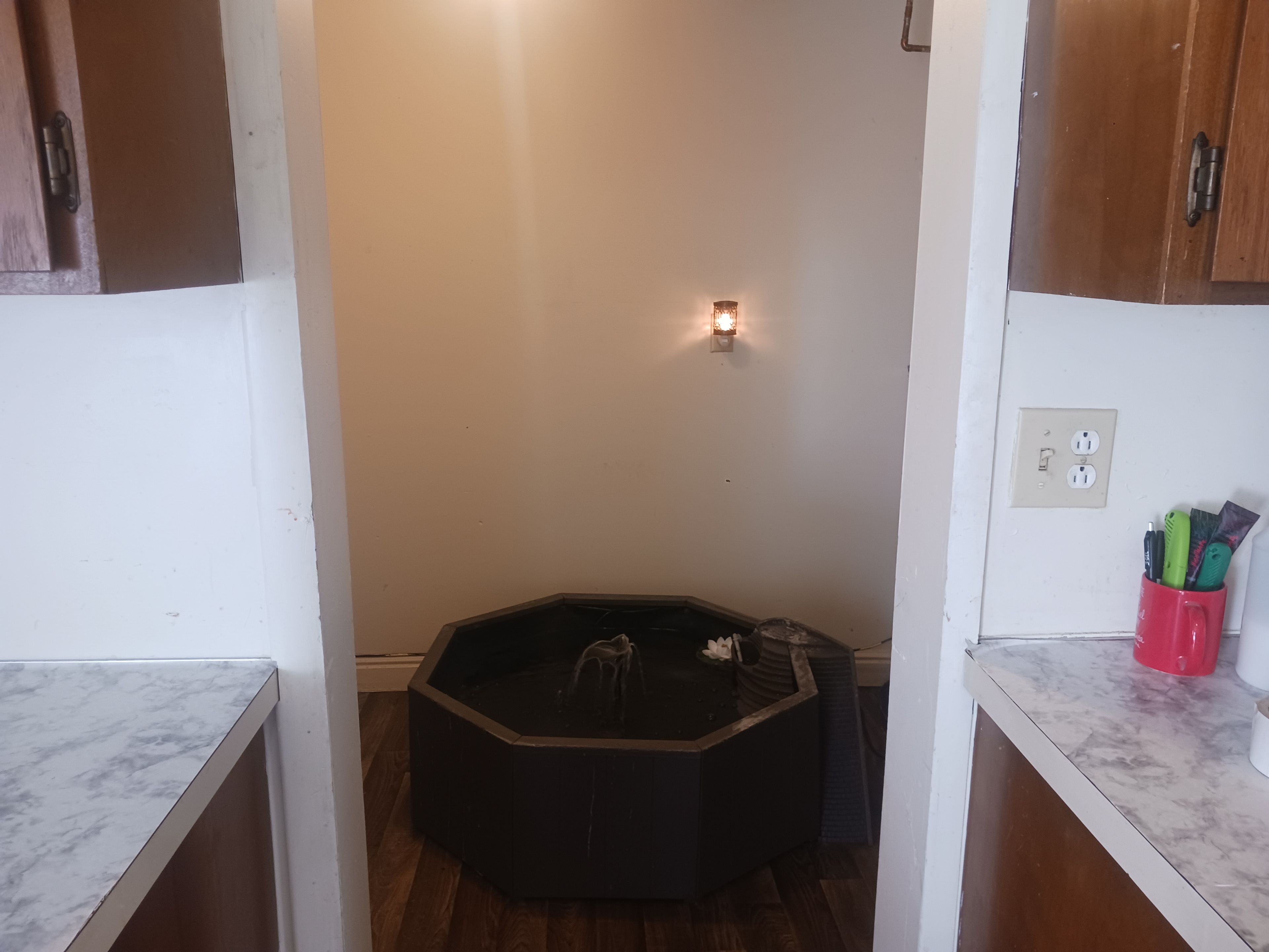 A small octagonal bathtub in a corner with a wall-mounted light fixture above it.