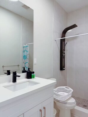Een moderne badkamer met een witte wastafel, een grote spiegel, een douche met een zwarte doucheslang en een wit toilet.