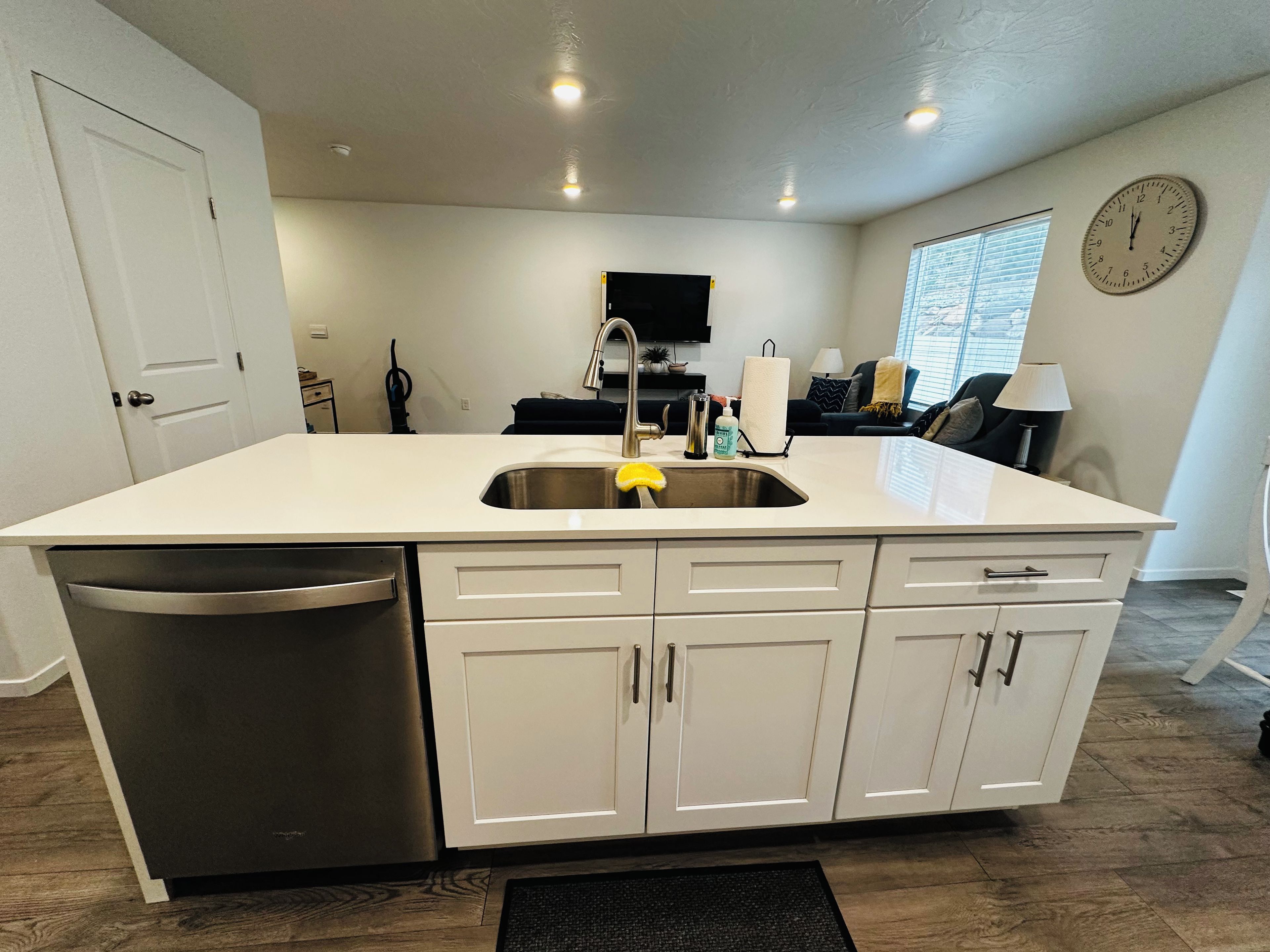 A modern kitchen with a stainless steel sink, white cabinetry, and a built-in dishwasher.