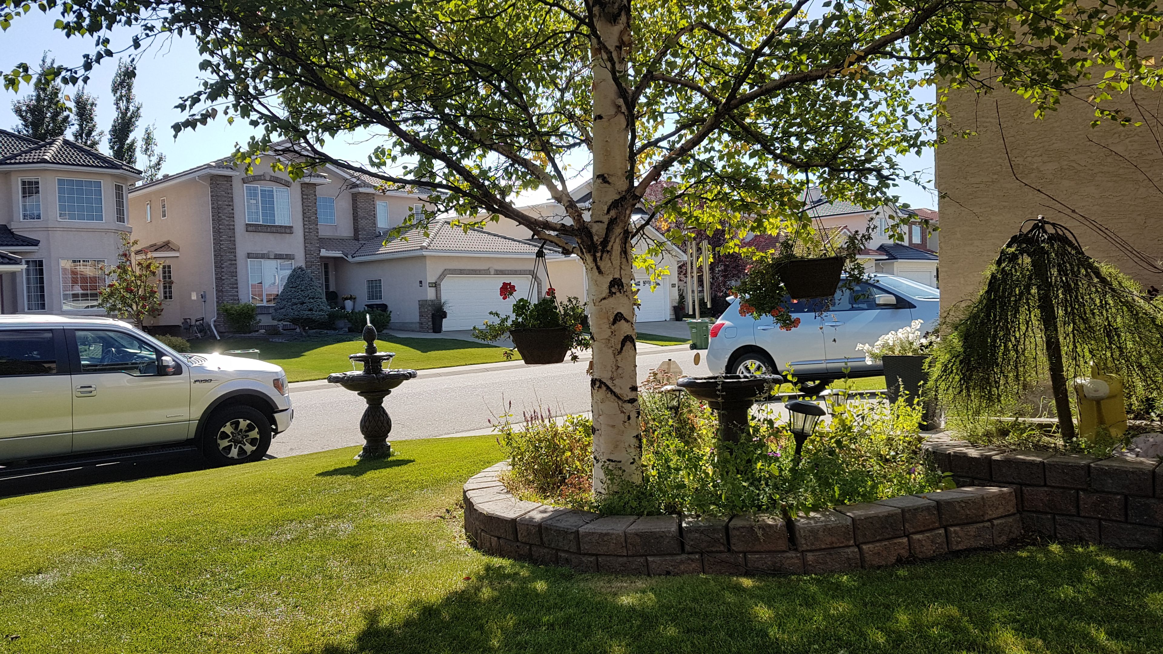 A residential street with houses, a white car, a fountain, and a tree.