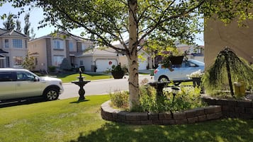 A residential street with houses, a white car, a fountain, and a tree.