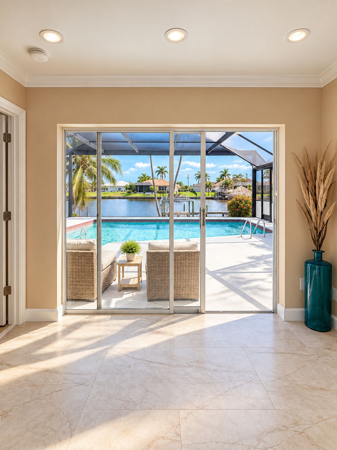 Ein Zimmer mit Blick auf einen Swimmingpool, eine Glastür, die nach draußen führt, und ein Blumentopf.