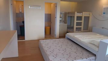 Een kleine kamer met een bed, een kitchenette en een badkamer.