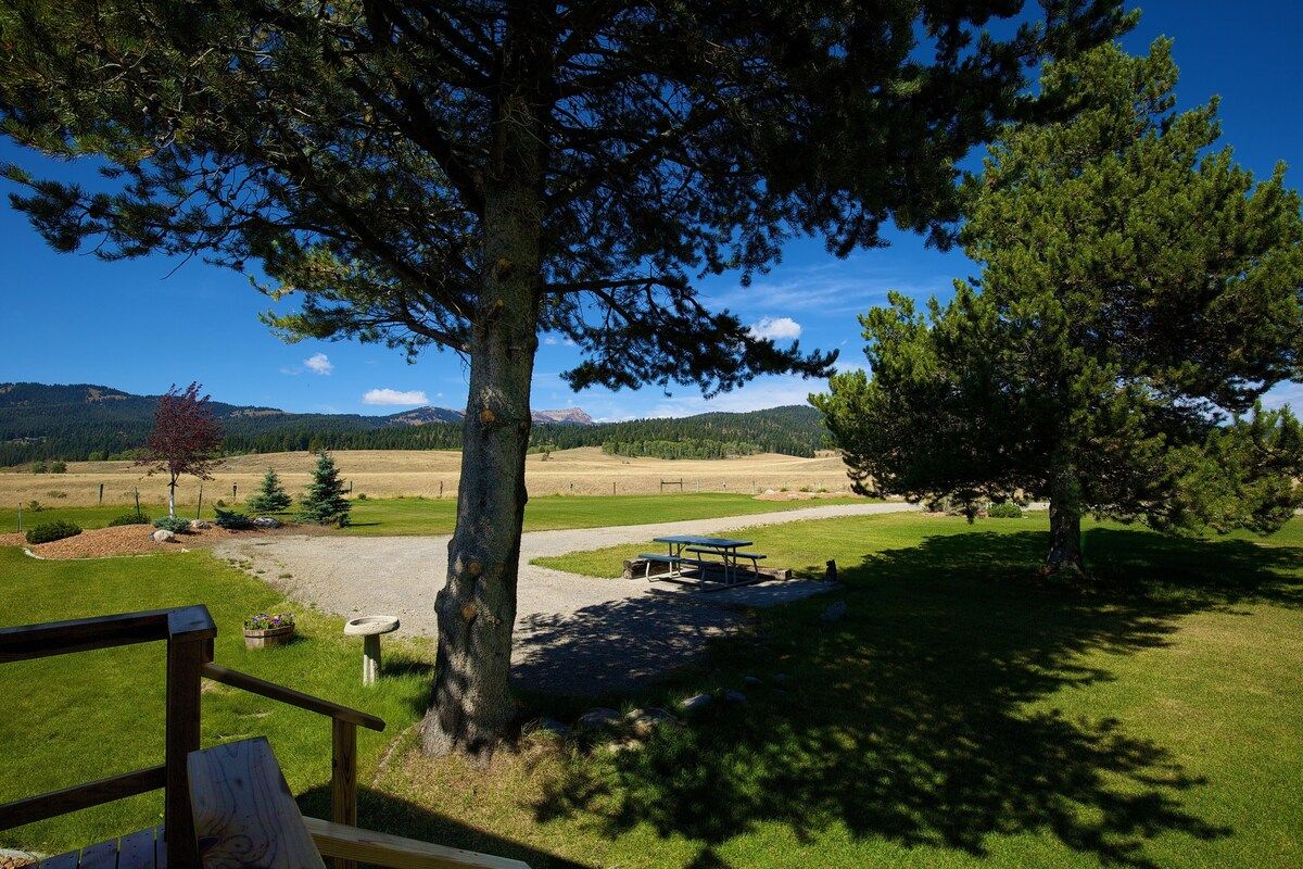 En park med picknickbord, en träaltan och utsikt över avlägsna berg.