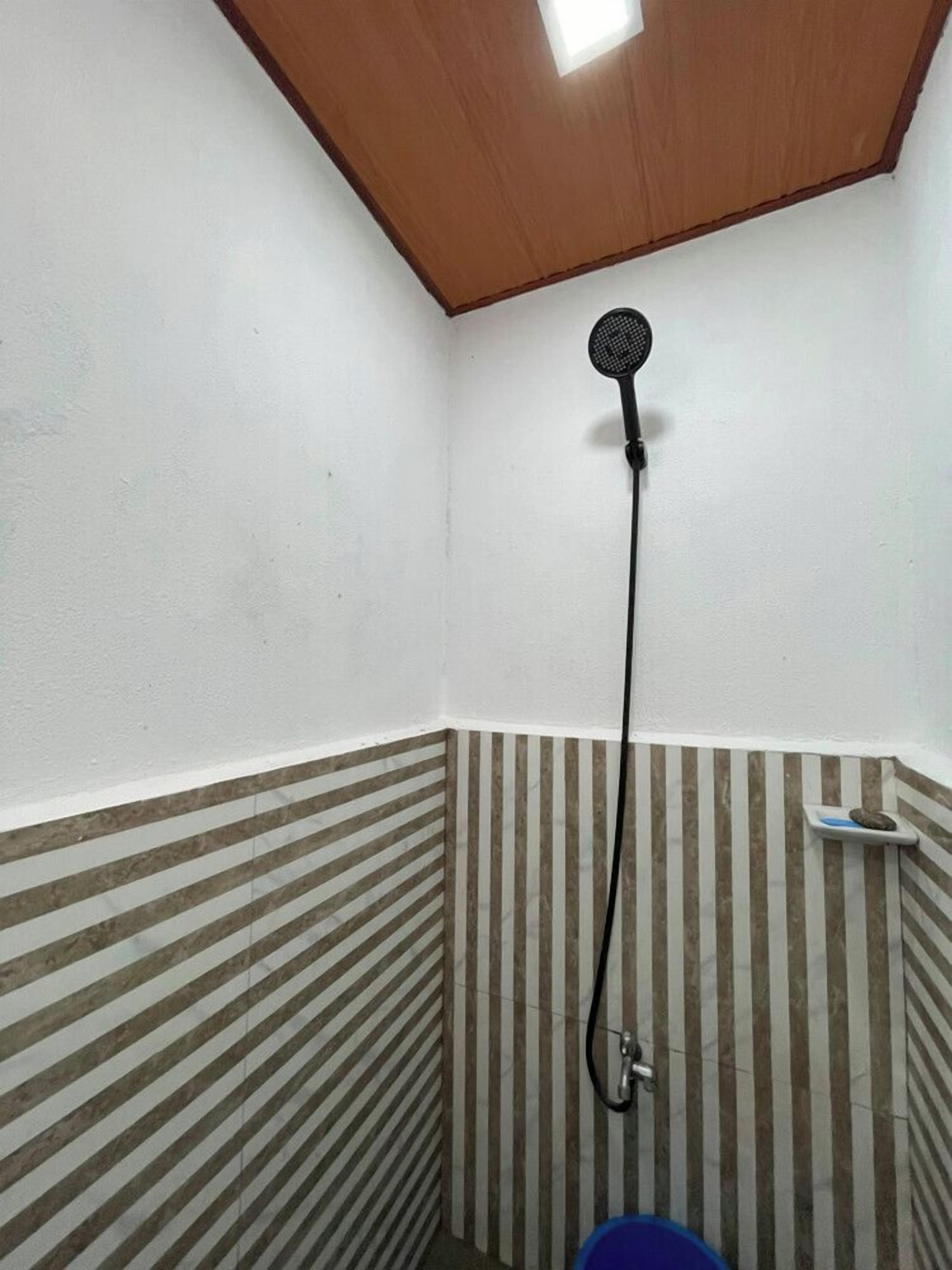 A corner shower with a ceiling light, a showerhead, and a striped wall.