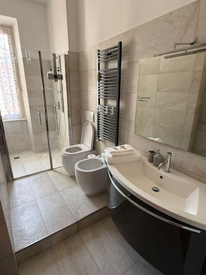 Een douche, een haardroger, een bidet, handdoeken