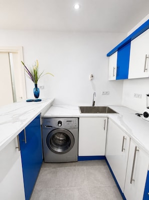 A compact kitchen with a washing machine, a sink, and a vase with plants. - Panoramic Atlantic Ocean view, first-row location | 2 minutes from the beach (Agadir)