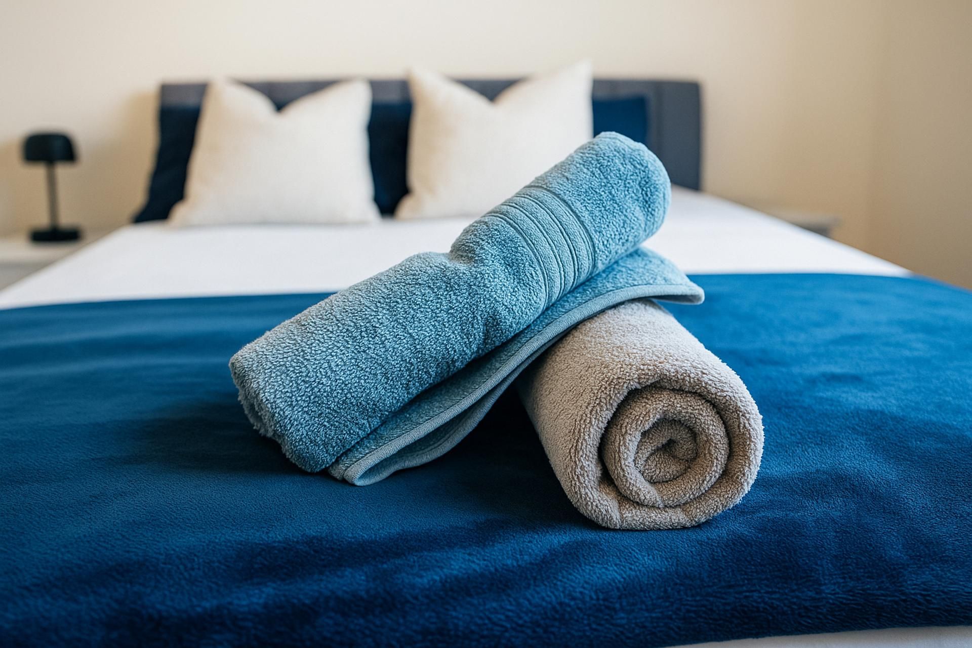 Een net opgemaakt bed met een blauw-witte sprei, twee kussens en een opgerolde handdoek.