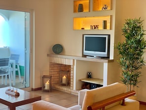 A living room with a TV, a fireplace, a plant, and a dining area visible through a glass door.