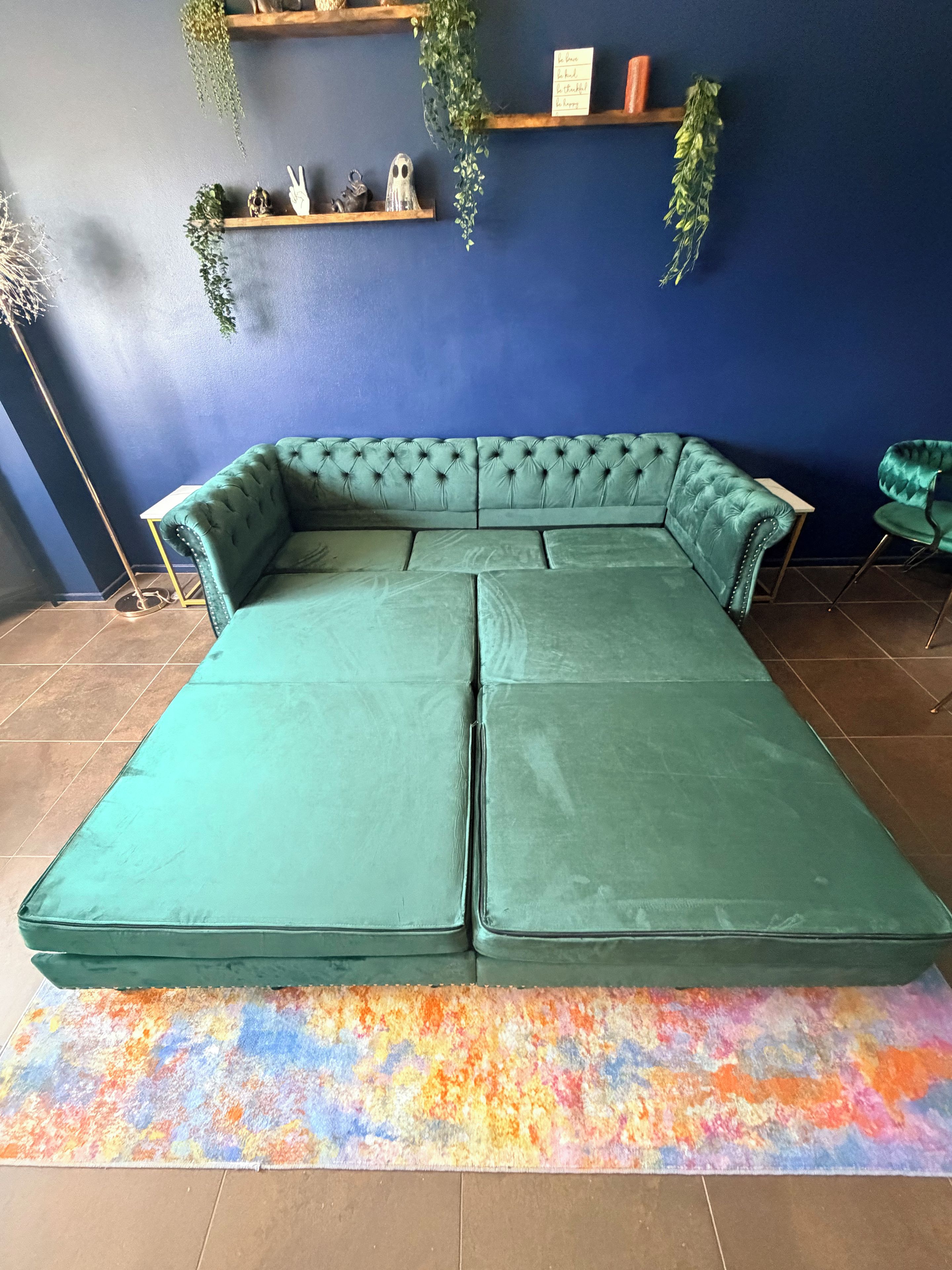 A teal sectional sofa with a tufted design, a colorful rug, and decorative plants on shelves against a blue wall.