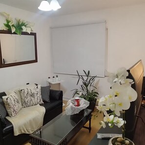 Una sala de estar con un sofá negro, una mesa de centro de vidrio, una planta en maceta y un espejo en la pared.