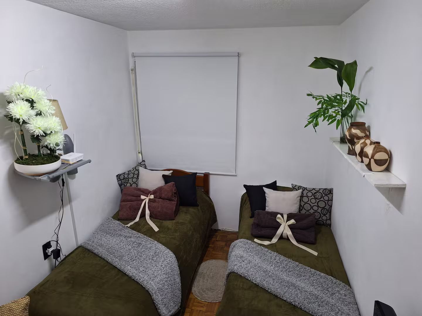 A small, neatly arranged bedroom with two single beds, a bedside table, a shelf with decorative items, and a potted plant.