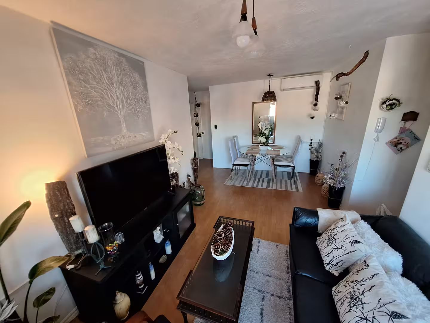 A living room with a TV, sofa, coffee table, and a dining area with chairs and a table.