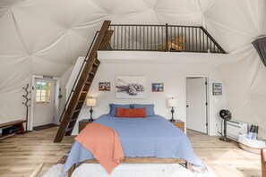 A bedroom with a loft area, a bed with blue bedding, a wooden ladder, and artwork on the walls.