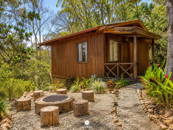 A wooden cabin with a porch, surrounded by a gravel path and various plants.