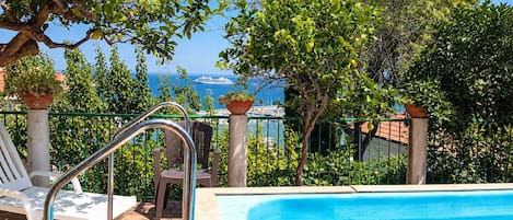 A pool area with a view of the sea, a chair, and a potted plant.