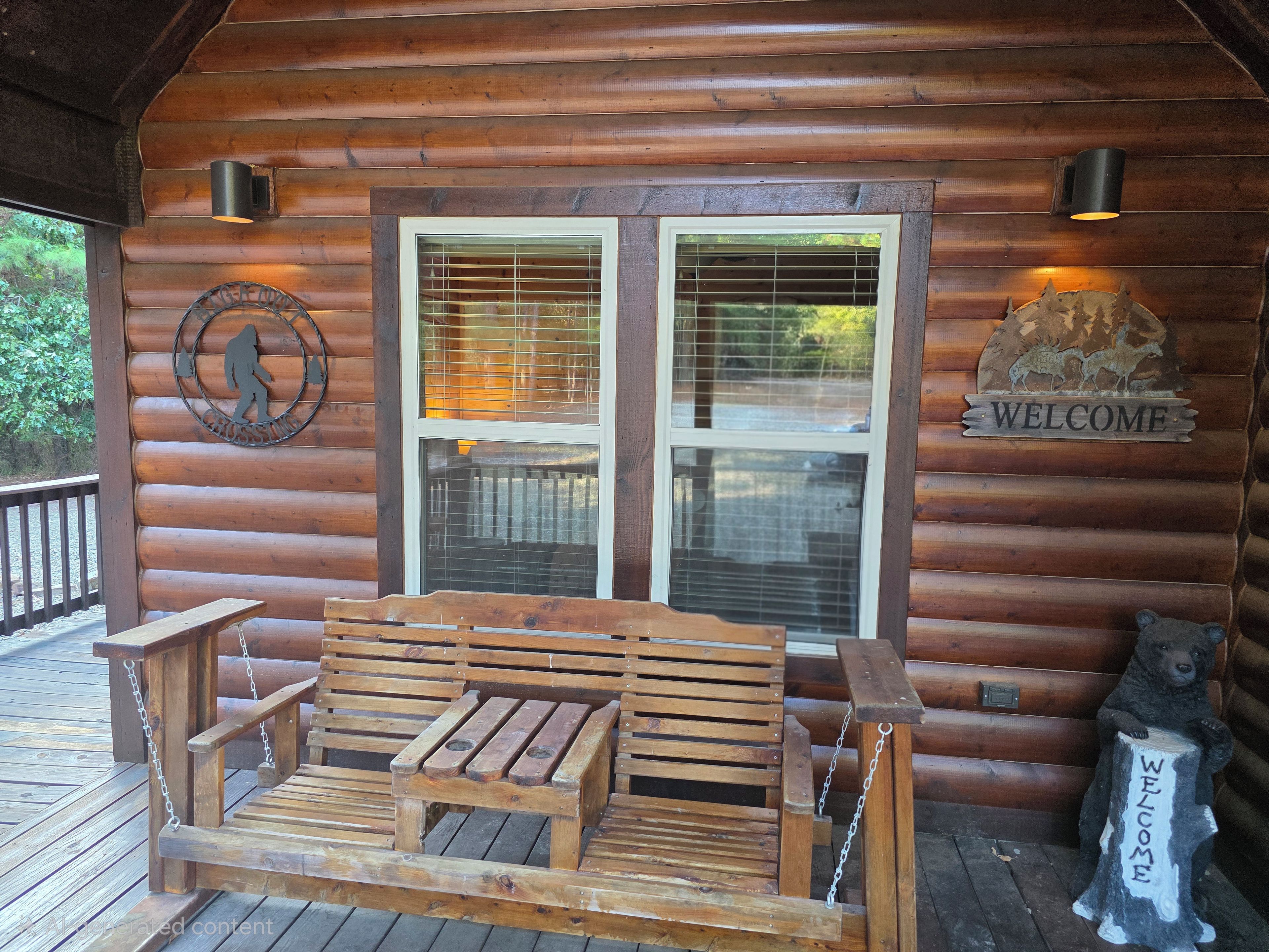 A wooden cabin with a porch, a bench, a welcome sign, and a bear statue.