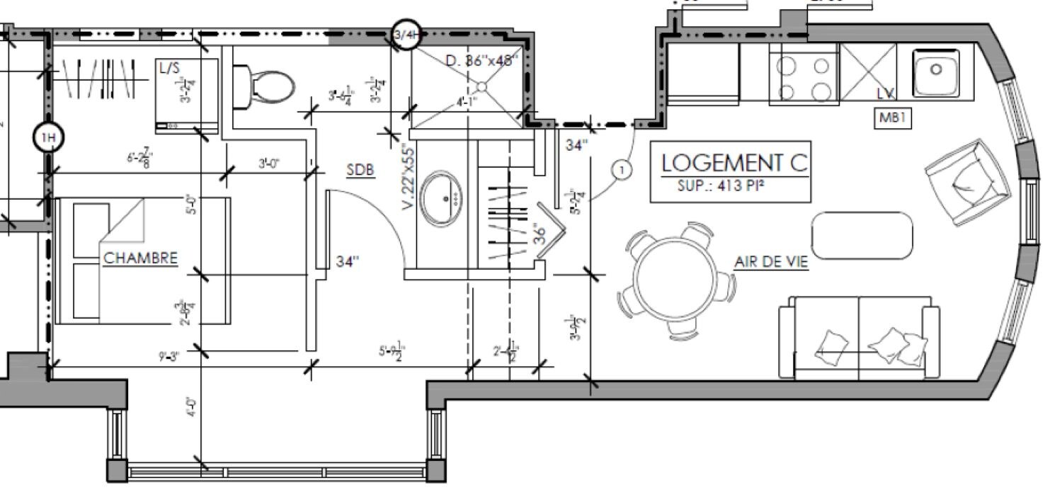 Plano de planta de un alojamiento con sala de estar, comedor y cocina.