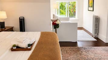 Une chambre d’hôtel avec un lit, une table de chevet avec une lampe, un radiateur, une fenêtre donnant sur un espace verdoyant et un tapis.
