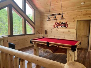A wooden room with a pool table, large windows, and a door. - A Rustic Escape-Theater Room/Handicap Ramp/Hot tub/2 fireplaces/2 king suites (Sevierville)