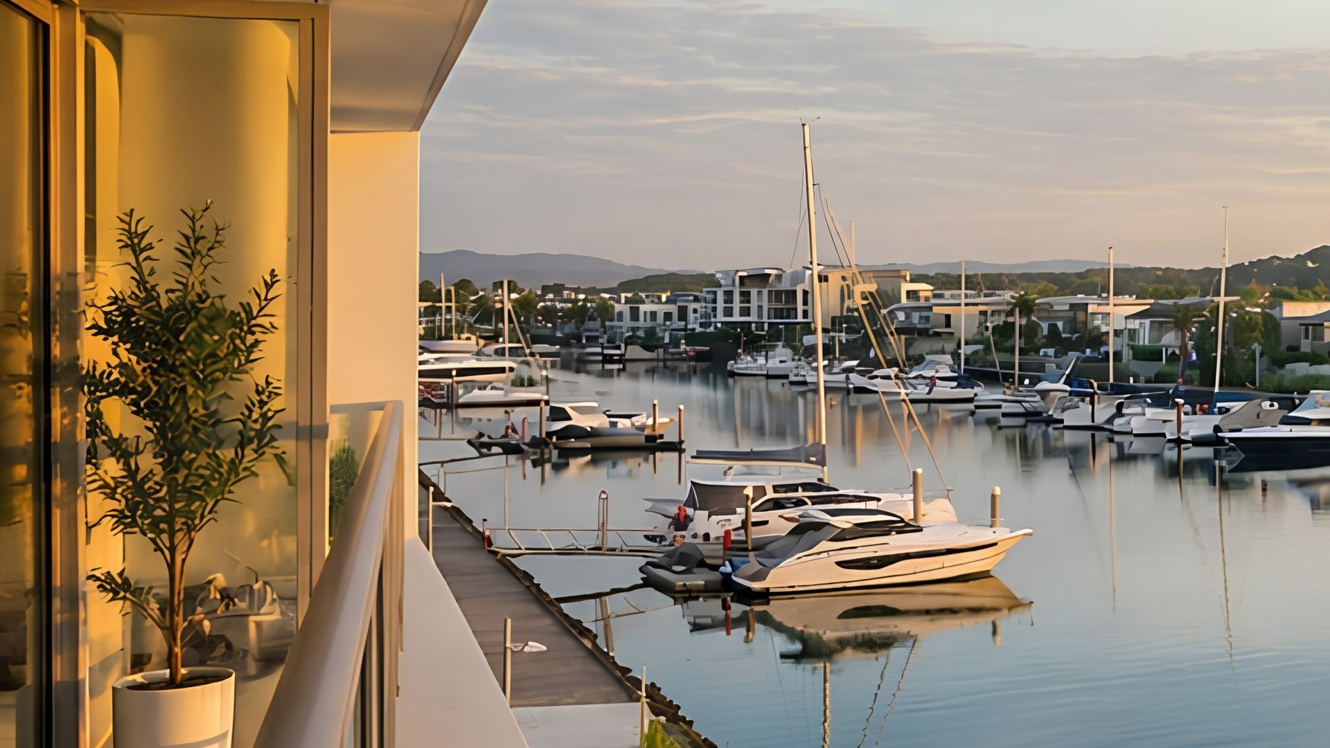 A marina with boats docked, a clear sky, and a view of the surrounding landscape.