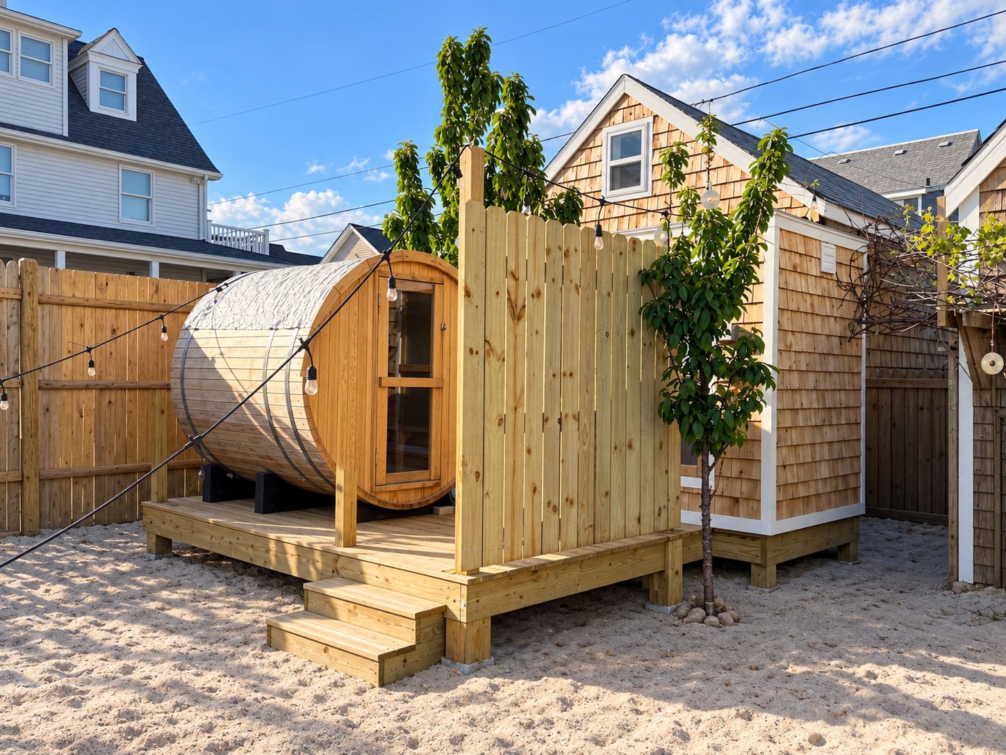 A wooden sauna structure with a bench and steps, surrounded by a wooden fence and a small tree.