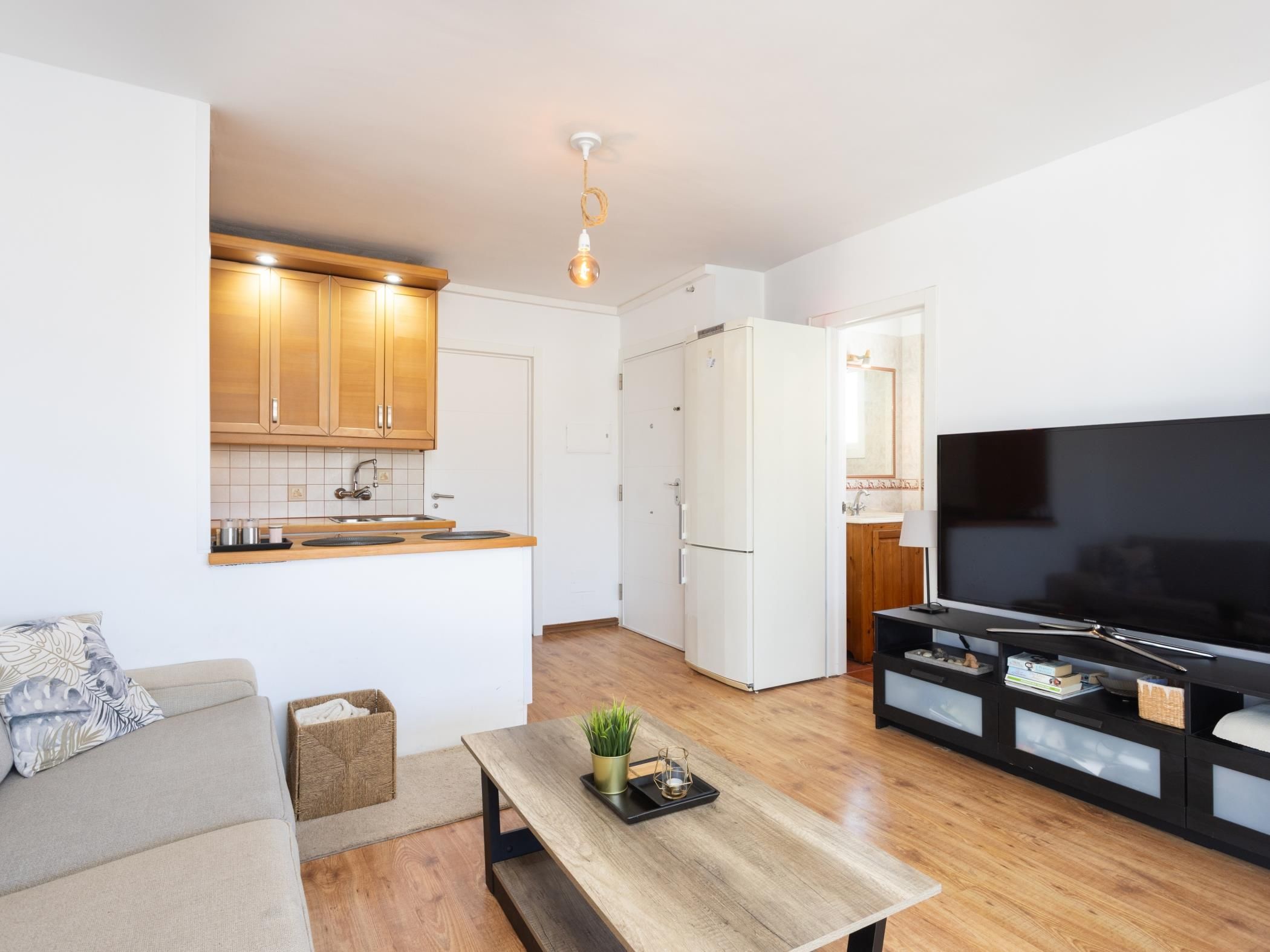 Ein modernes Apartment mit Küche, Wohnbereich und Fernseher.