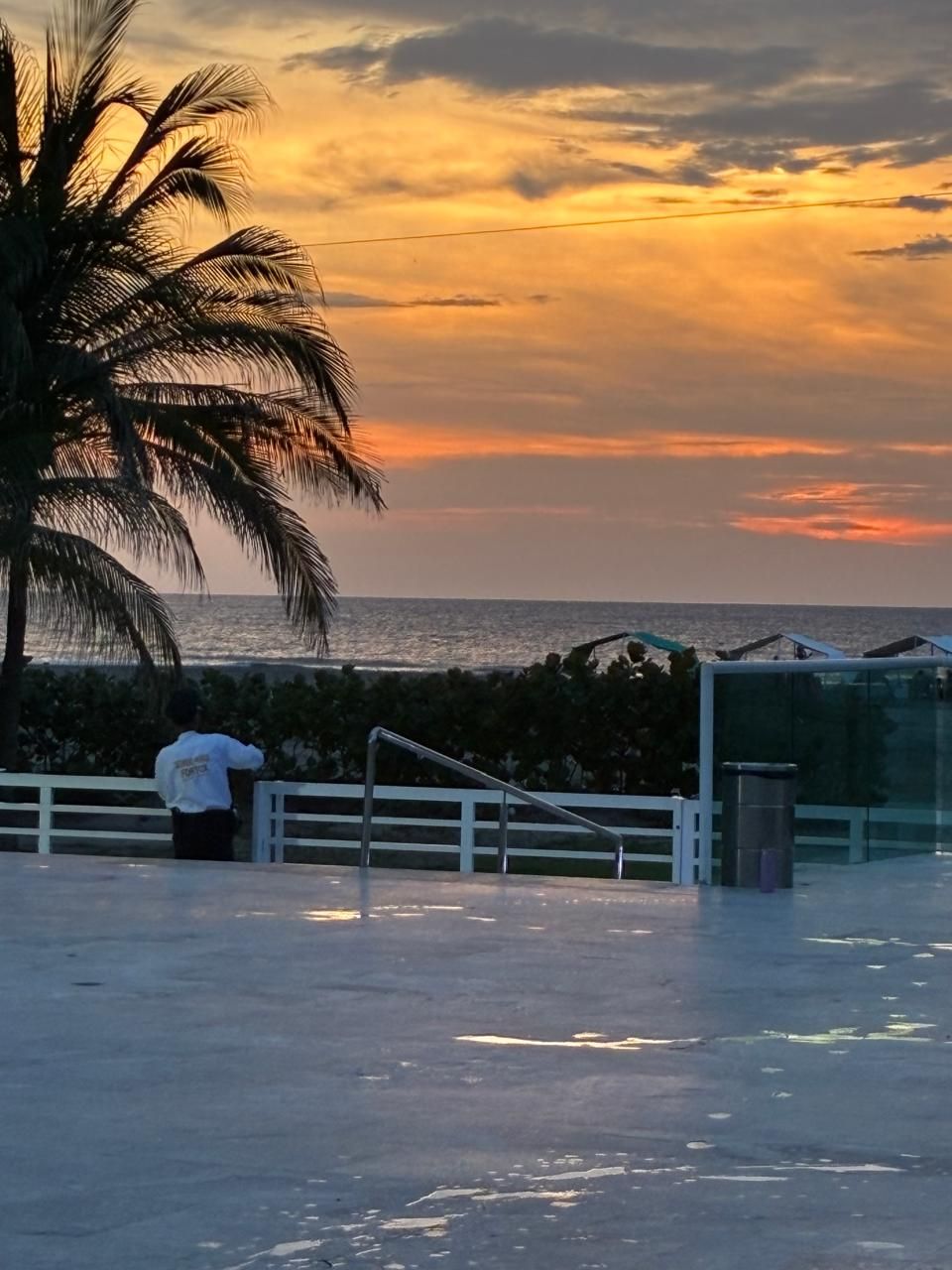 Une vue sur le coucher de soleil depuis un balcon, avec un palmier et une balustrade.