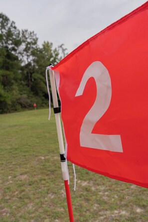 A red flag with the number 2 on it, attached to a pole.