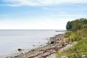 A rocky shoreline with a calm sea and a grassy area with trees. - Holiday home near the water on beautiful Als (Augustenborg)