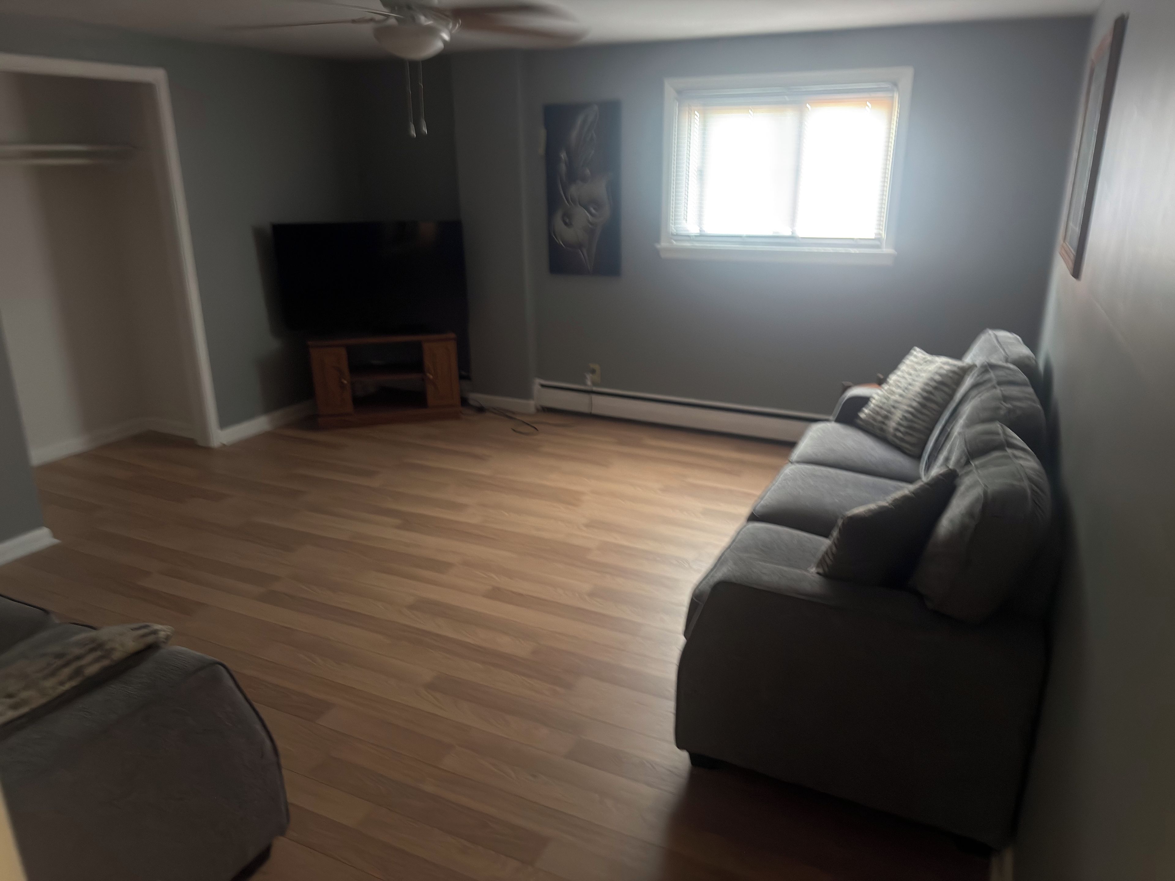 Ein Wohnzimmer mit grauem Sofa, Holzboden, einem Fernseher auf einem Schrank, einem Fenster mit Jalousien und einem Deckenventilator.