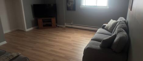 A living room with a grey sofa, wooden flooring, a television on a stand, a window with blinds, and a ceiling fan.