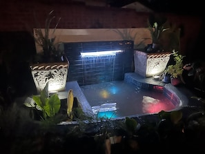 Une pièce sombre avec une petite piscine, un mur muni d’un luminaire et des plantes en pot.
