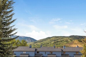 A row of blue houses with a clear view of green hills and mountains in the background. - Spacious Avon Townhome - Views of Beaver Creek (Avon)