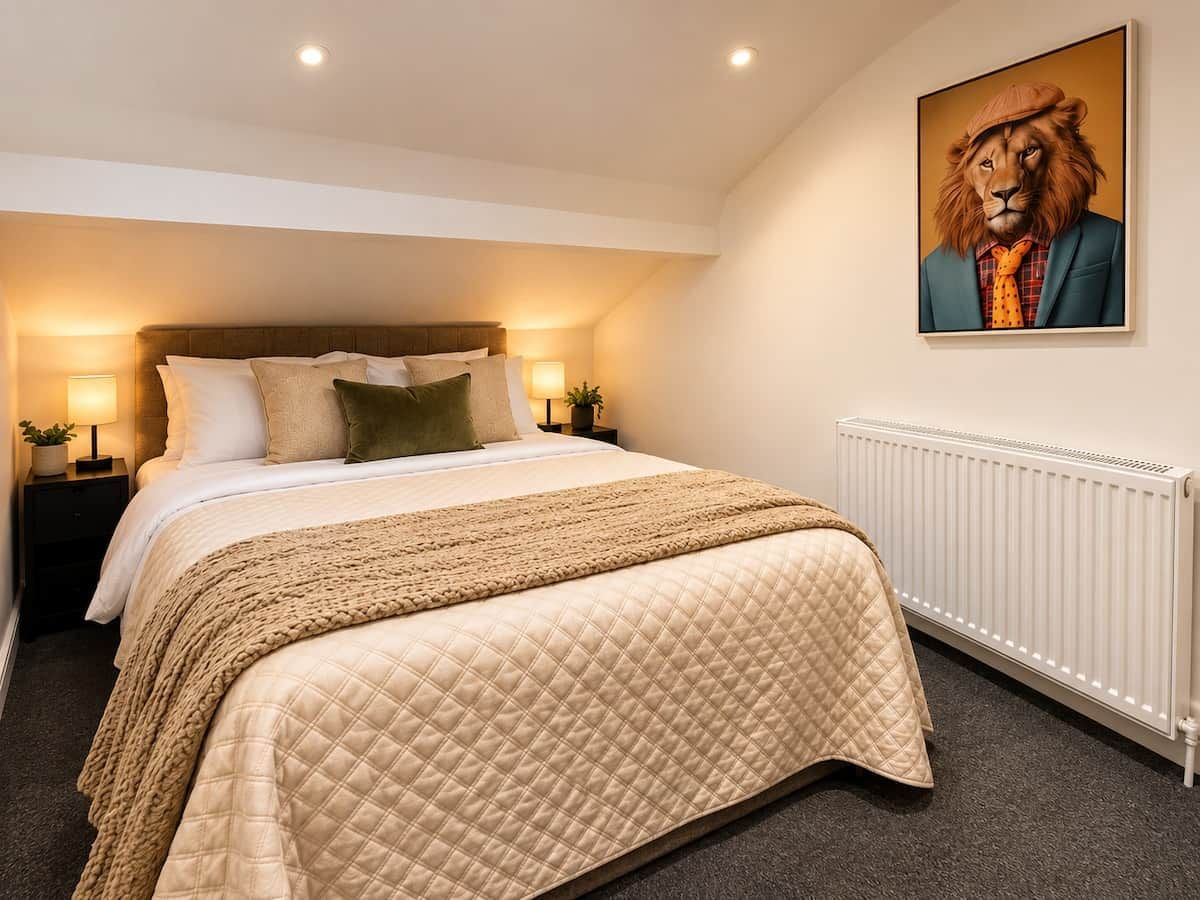 A bedroom with a bed, nightstands, a radiator, and a painting on the wall.
