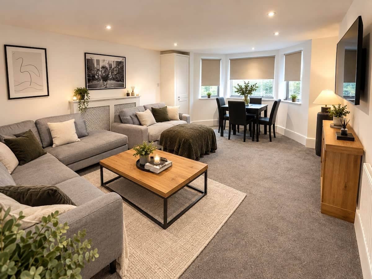 A modern living room with a sofa set, a coffee table, a dining area with chairs, and a fireplace.